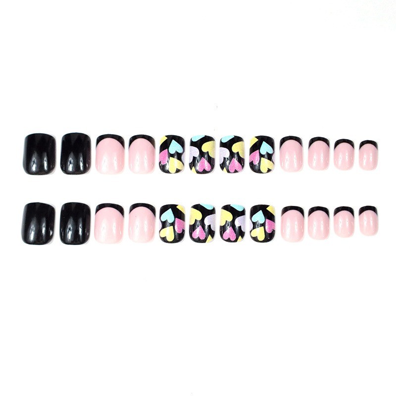 48PCS Short Square Black Powder Multi-color Heart-shaped Reusable Fake Nails
