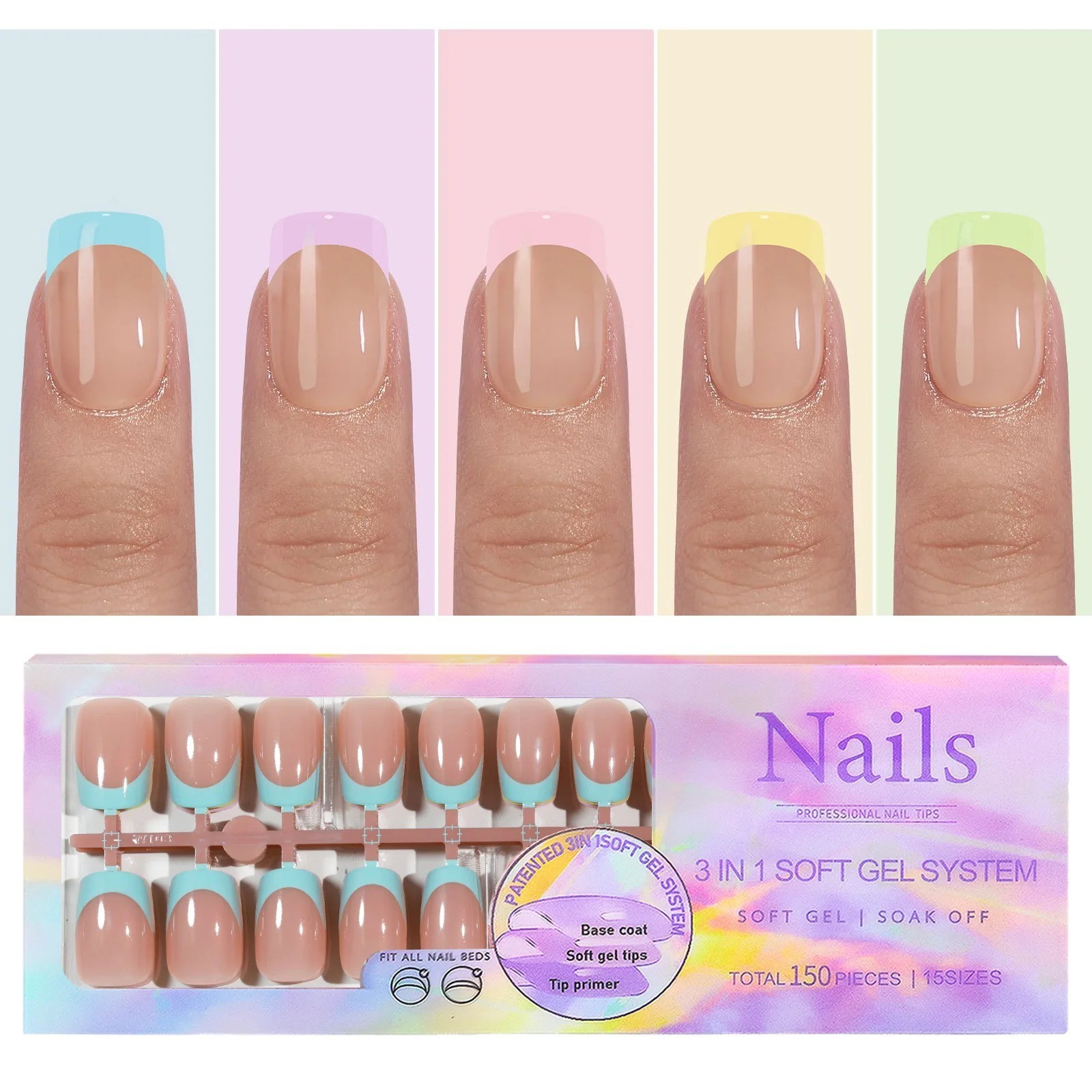 150pcs 6 Colors Fake Nail Multi-size False Nail Press On Acrylic Nails Almond Fr