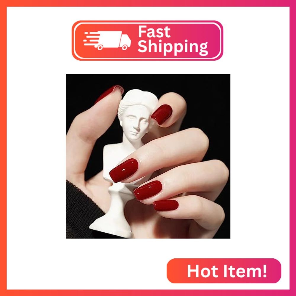 Red Press on Nails Medium Length Coffin Fake Nails Wine Red Acrylic Glue on Nail