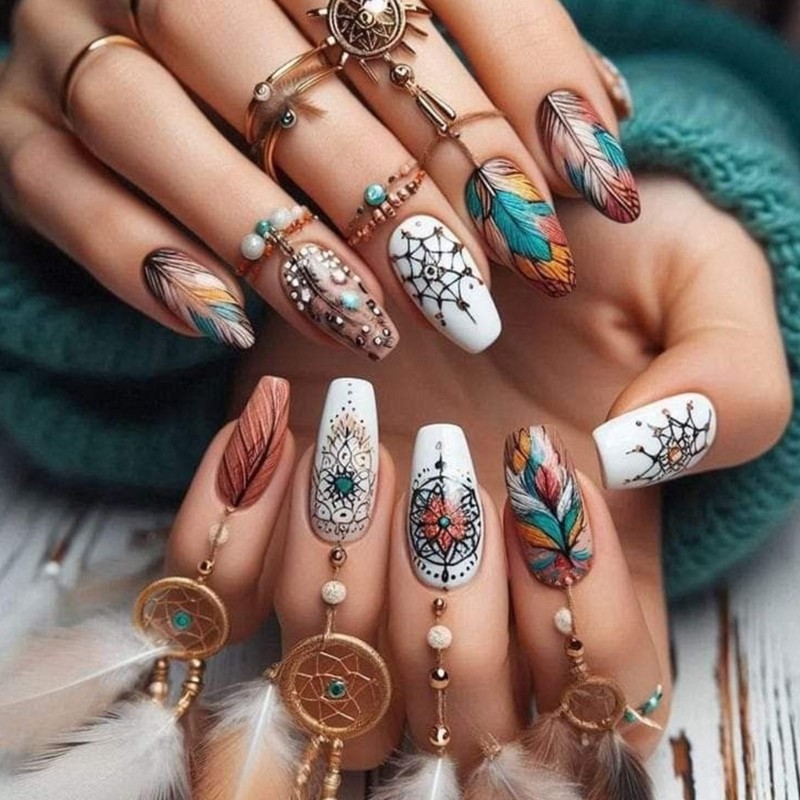 Vibrant Feathered Nail Art Set Press on Nail Acrylic False Nail Easy Application
