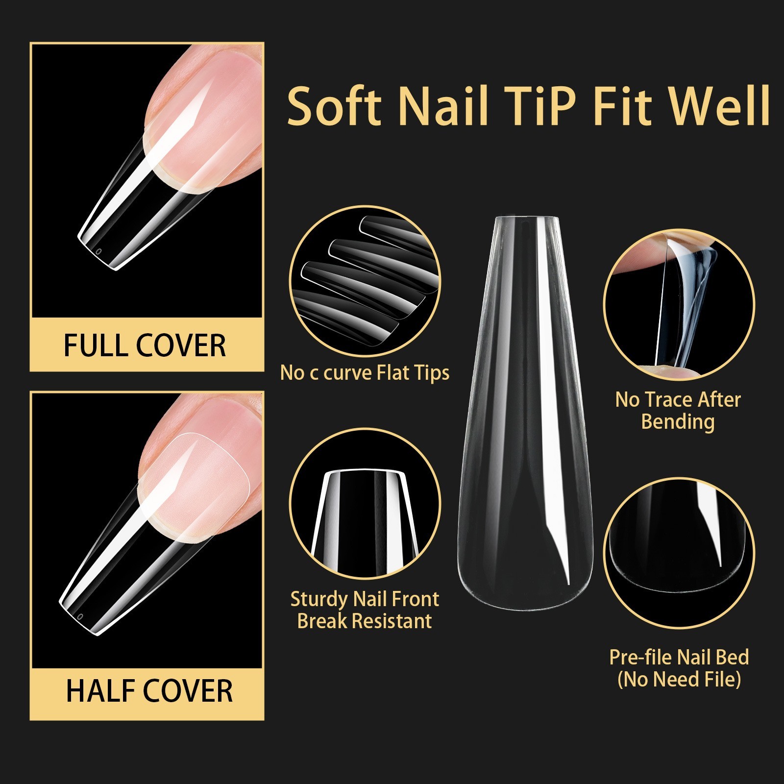 Almond/Coffin/Stiletto/Square Soft Gel Nail Tips S~XXL Sizes Clear False Nails
