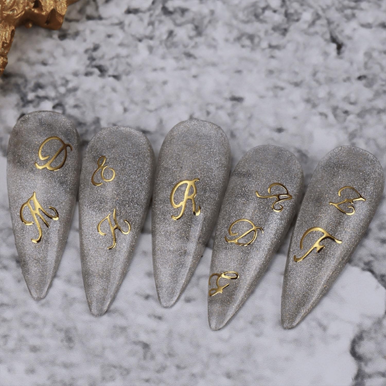 12 Sheets Letters Nail Stickers for Nail Art 3D Self-Adhesive Gold Silvery En…