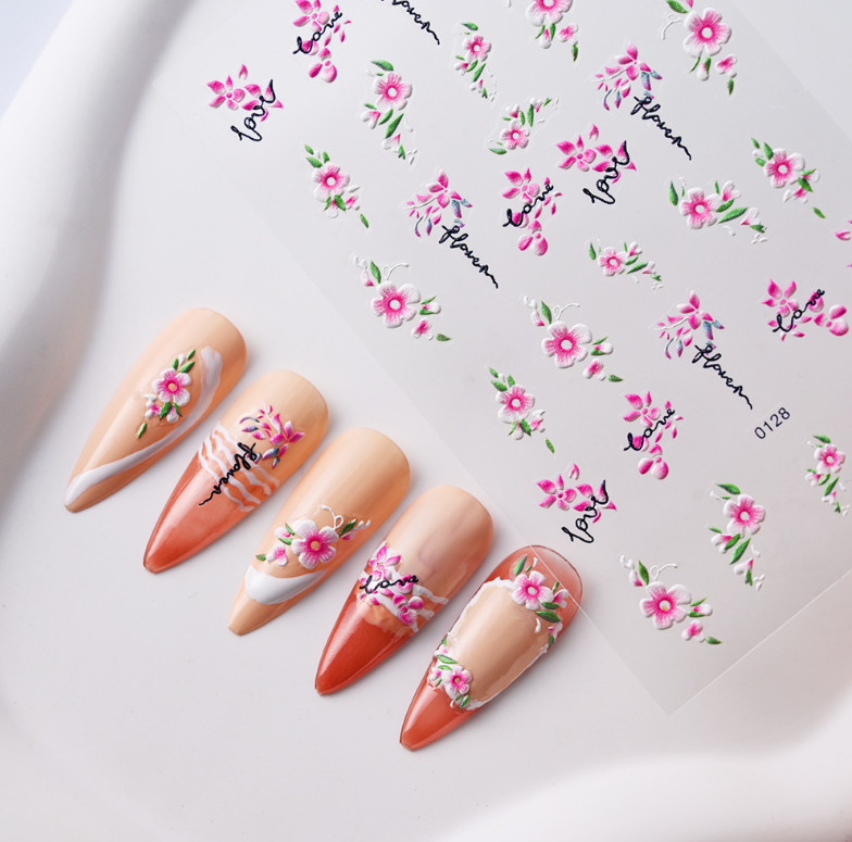 5D Embossed White Daisy Tulip Butterfly Camellia Flower Nail Art Stickers DIY