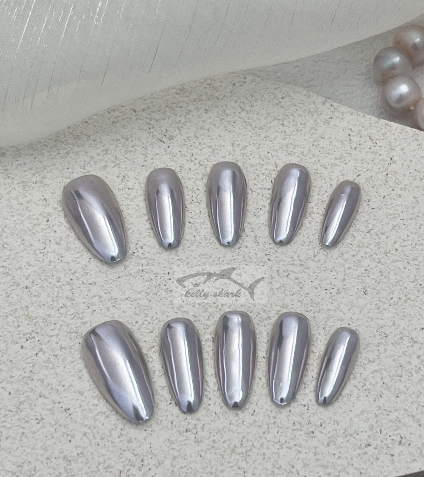 10pcs Handmade Polar Purple-Silk Hailey Press on Nails, Medium Almond shape, SML