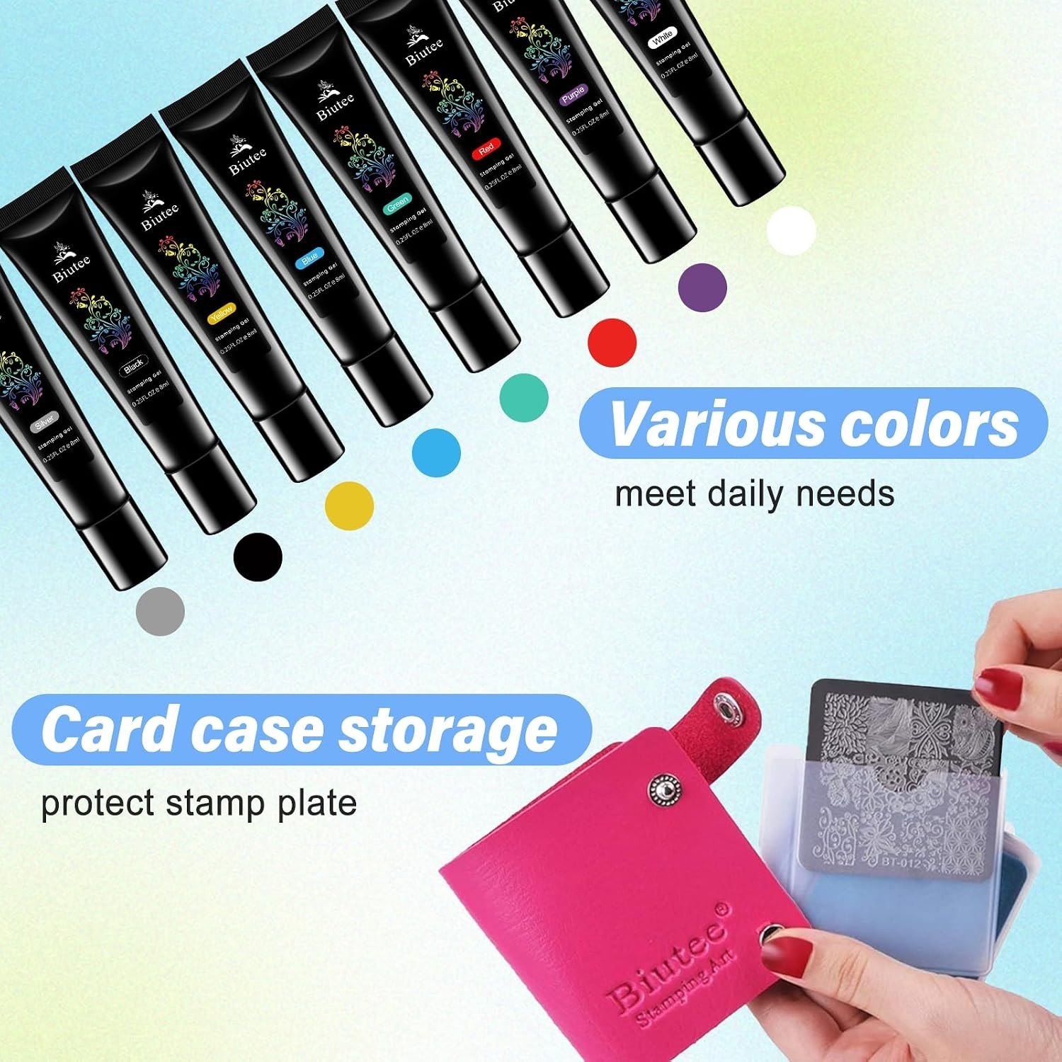 Durable Stainless Steel Nail Stamping Plates Set with 8 Vibrant Gel Polishes