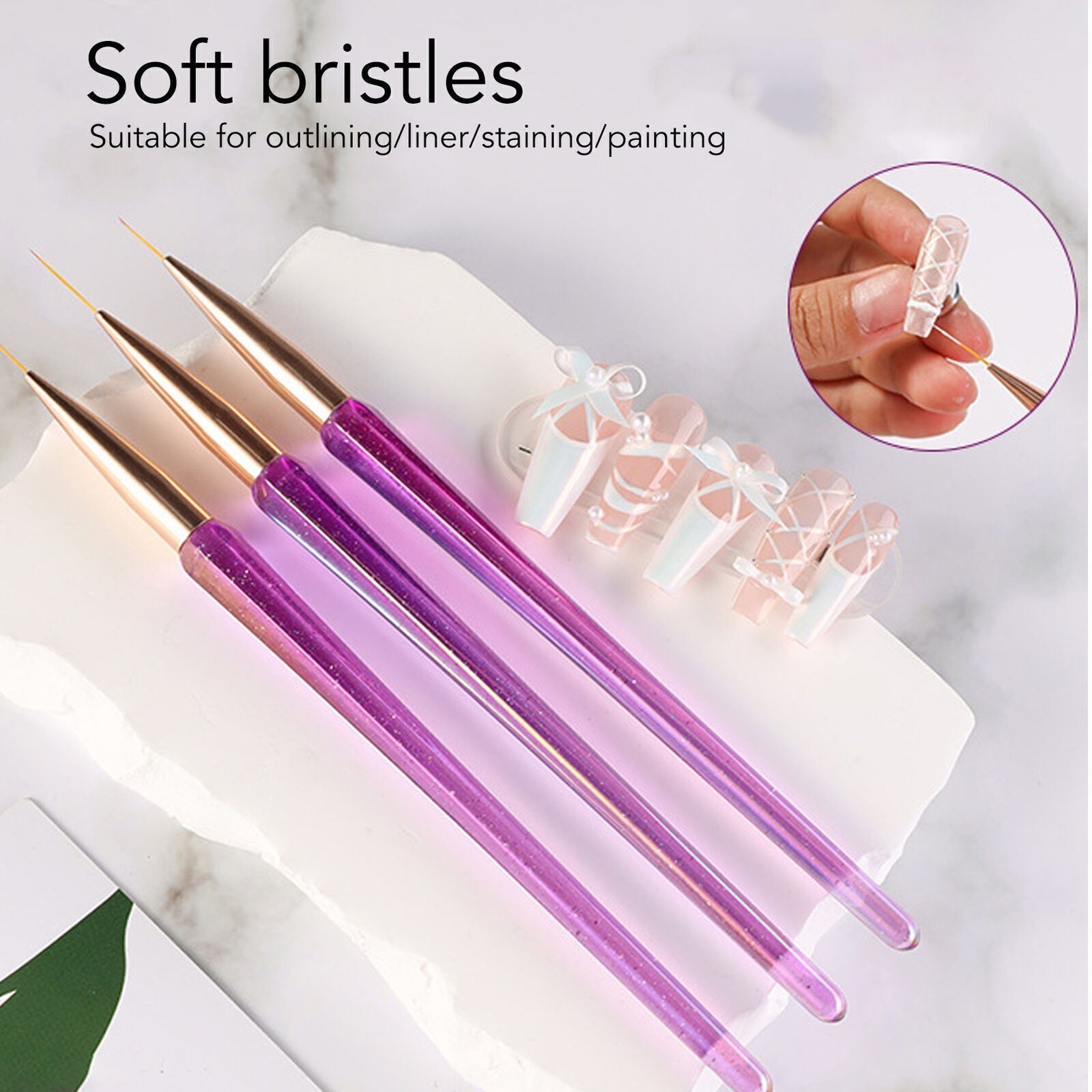 3pcs Nail Liner Brushes Set 12/16/21mm Super Fine Nail Art Striping Brushes