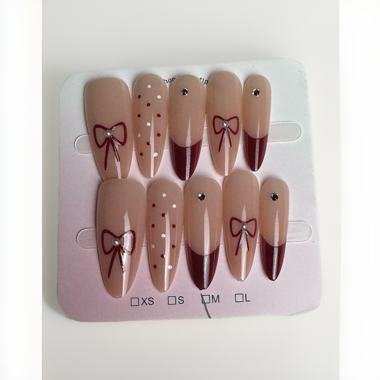 Press-On Nails Burgundy Bow & Polka Dot Coquette Medium Almond Shape Handmade