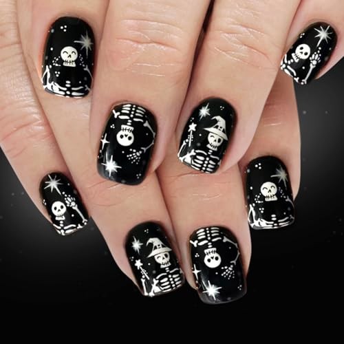 Halloween Press on Nails – Short Square Dark Black Fake Nails with White Skull
