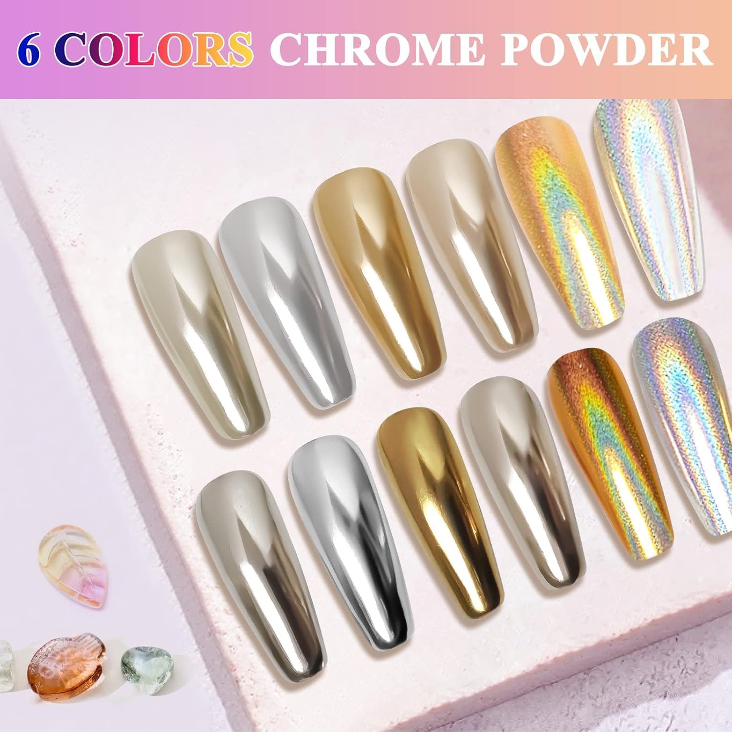Gold Silver Chrome Nail Powder, 6 Colors Metallic Mirror Chrome Palette | Hologr