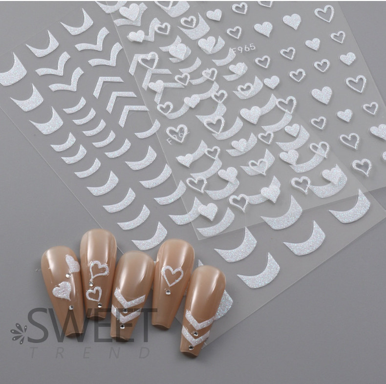 White Glitter 3D Nail Stickers Heart Star Butterfly French Transfer Decals NS52