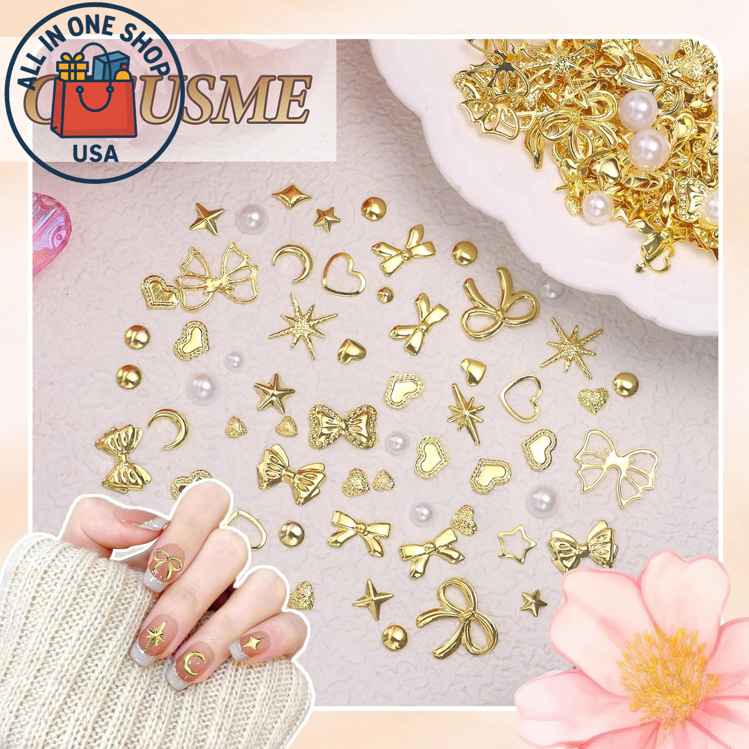 Gold Nail Charms Set: Pearls, Hearts, Bows, Stars, and Moon Designs