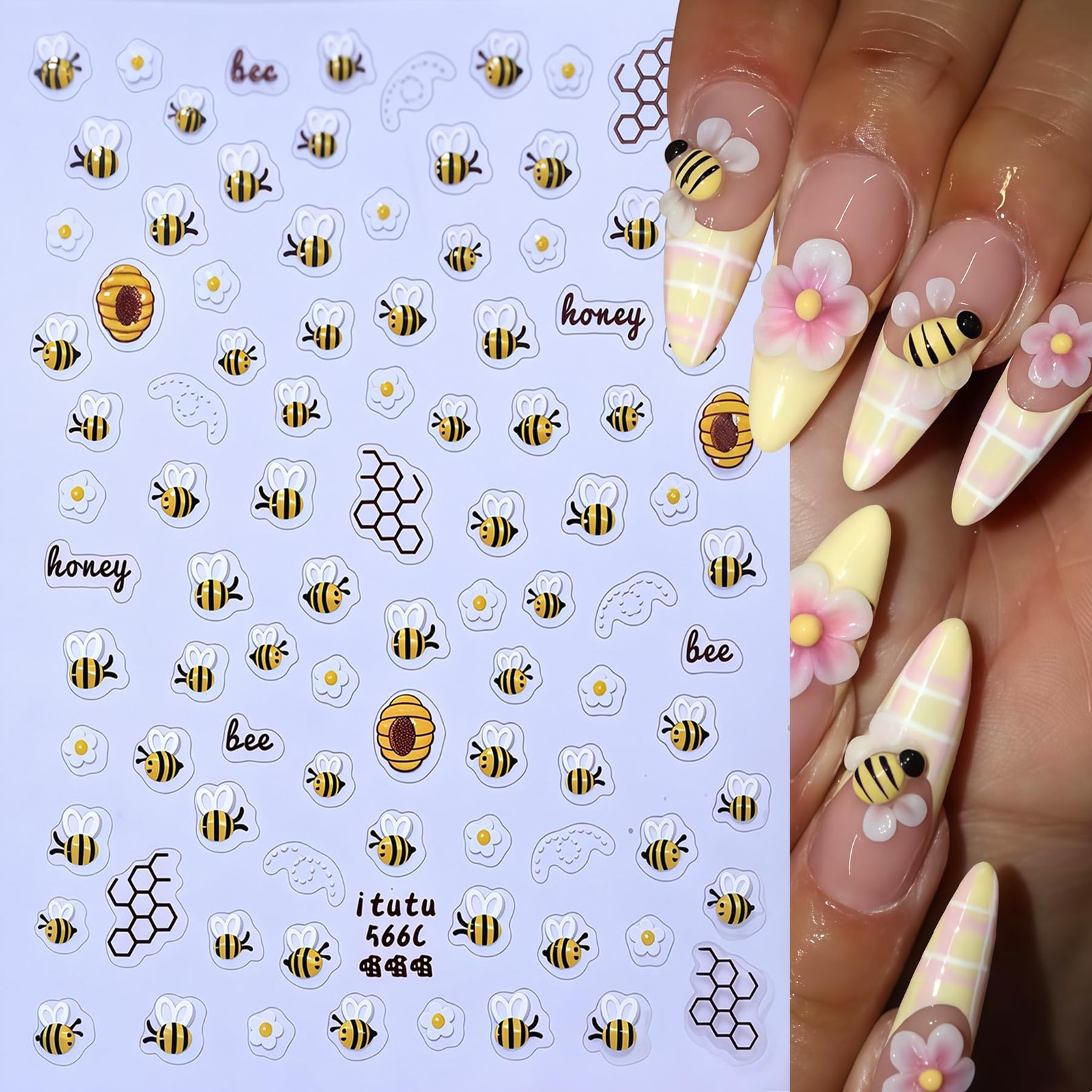 2 Sheets Floral Ladybug Nail Stickers 5D Embossed Cute Bee Nails Decals Tiny …