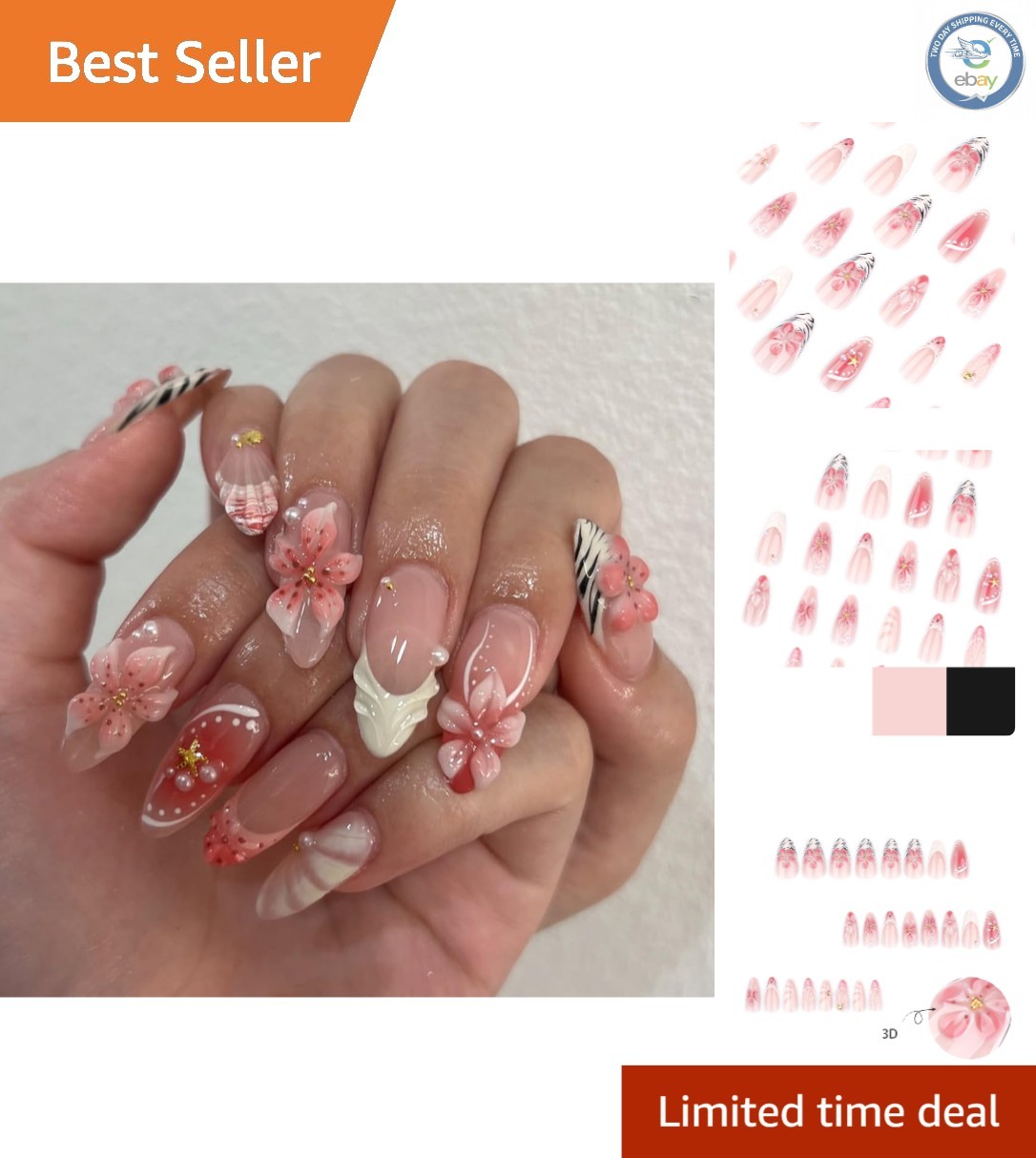Chic 3D Flower French Tip Press-On Nails – 24 Reusable Almond Nails