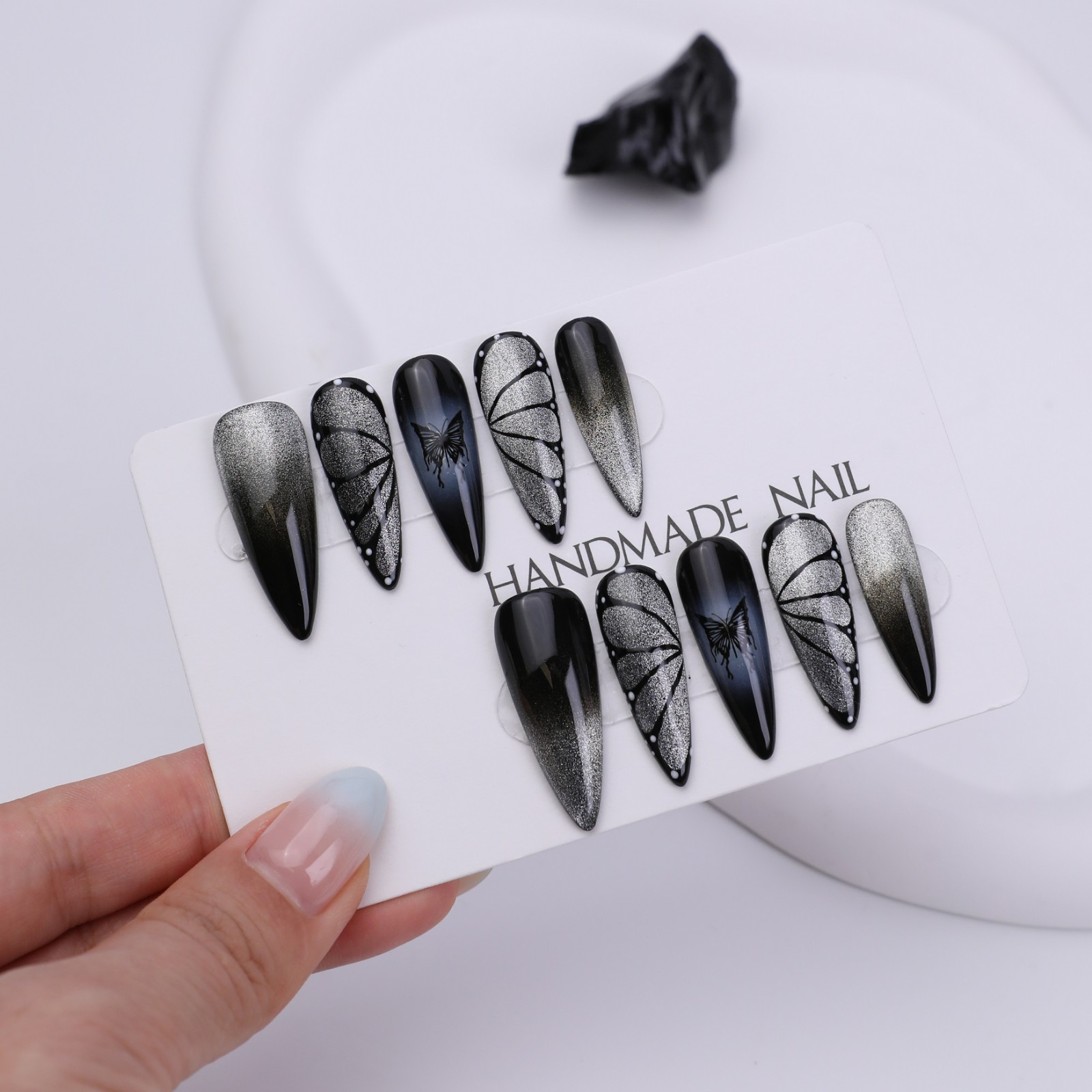 Press On Nails Long Stiletto Black Silver Butterfly Wing Glitter Gothic Nail Set