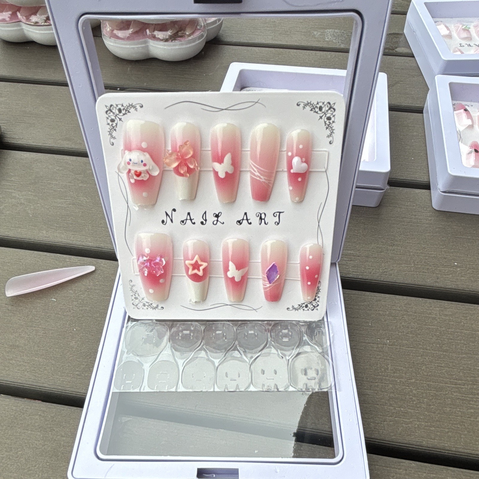 Pink/White Ombre Press-On Nails 3D Butterfly Full Cover Pre-Designed Long Coffin