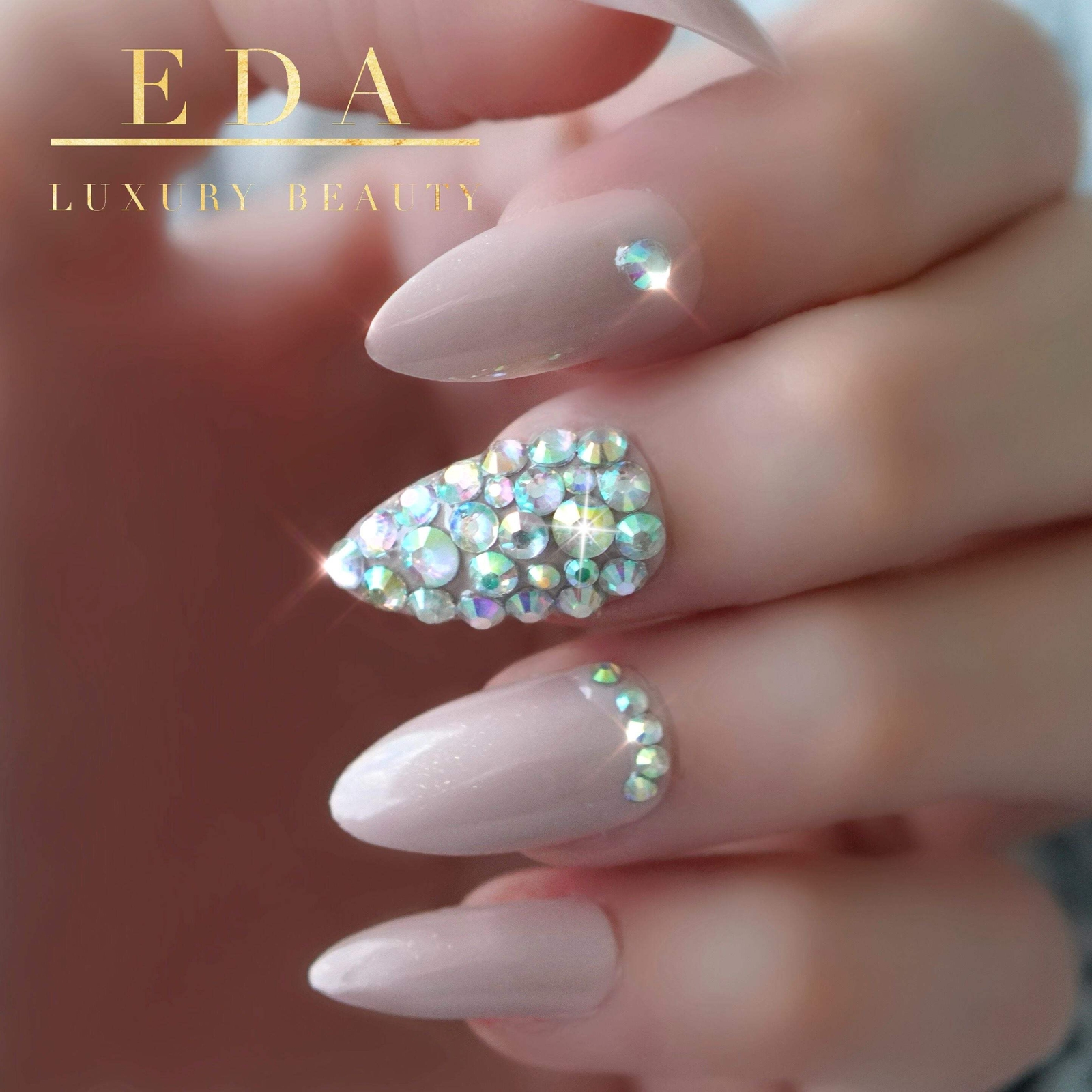 Nude 3D Crystal Design Nail Art Stiletto Long Acrylic Press On False Nails Set