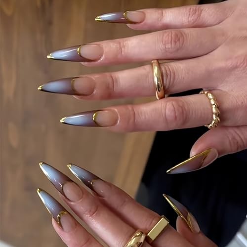 Press on Nails – Long Stiletto Fake Nails with Ombre, Acrylic Gold 06109Brown