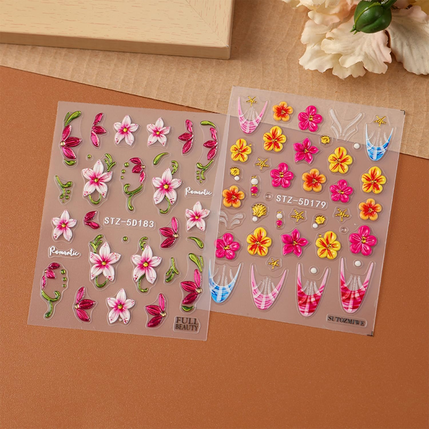 2 Sheets Spring Flower Nail Stickers for Nail Art 5D Self-Adhesive Embossed Fren