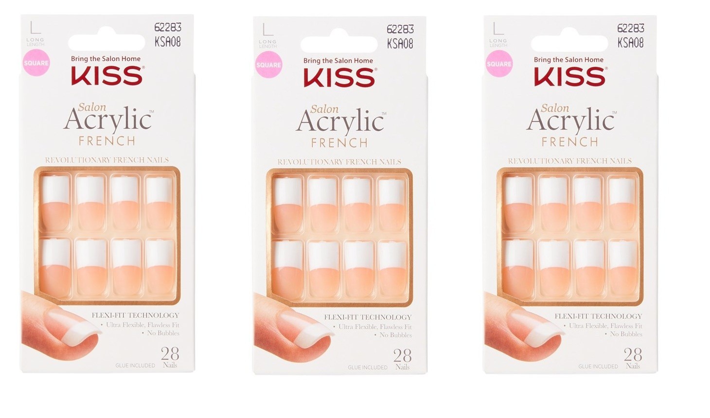 BL Kiss Salon Acrylic French 28 Count Long Length Nude X 3 Packs