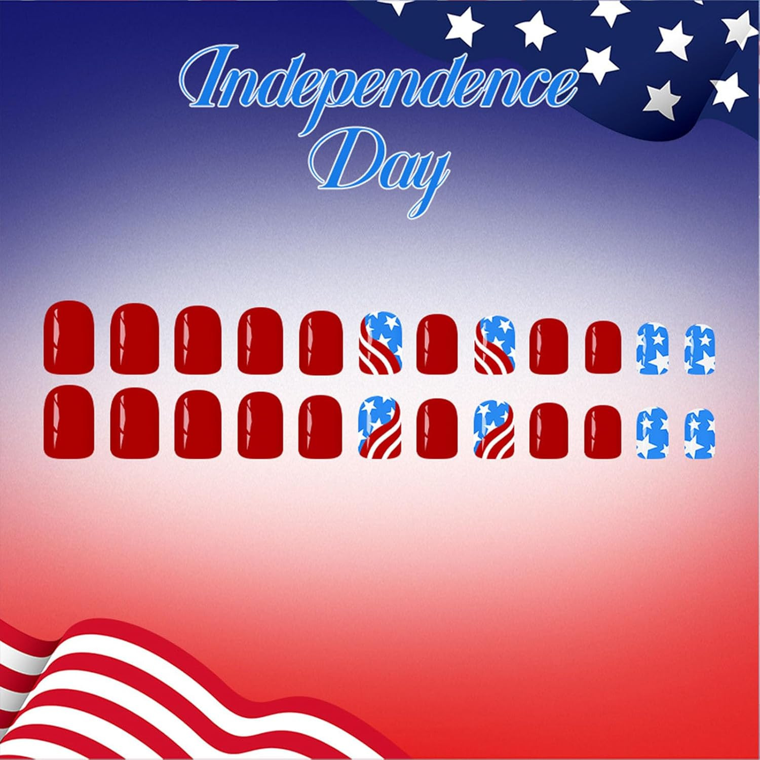 4Th of July Press on Nails Short Square Fourth of July Fake Nails with Stars Red