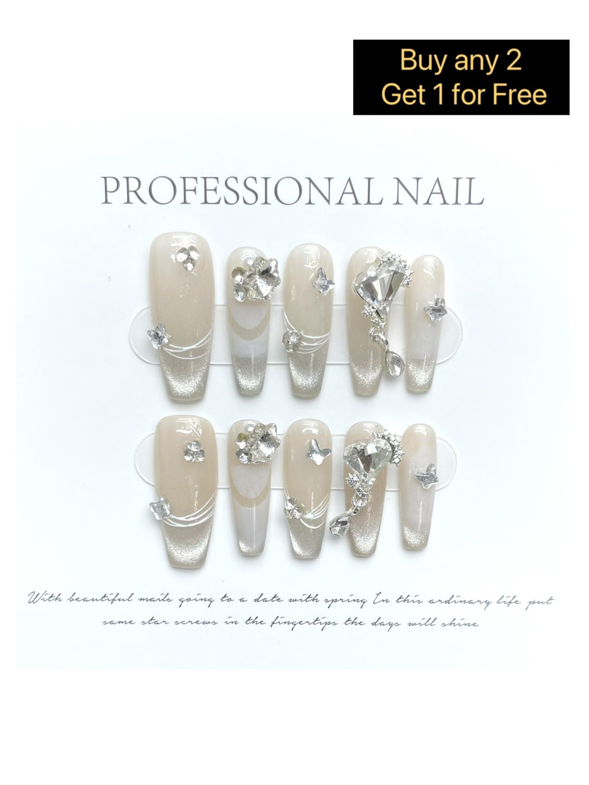 Long Coffin White Press on Nails with Heart and Butterfly Design (#033)