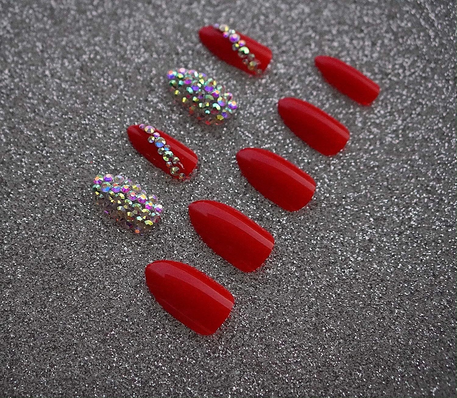 Red 3D Crystals Almond Stiletto Long Rhinestones Fake False Tips Press On Nails