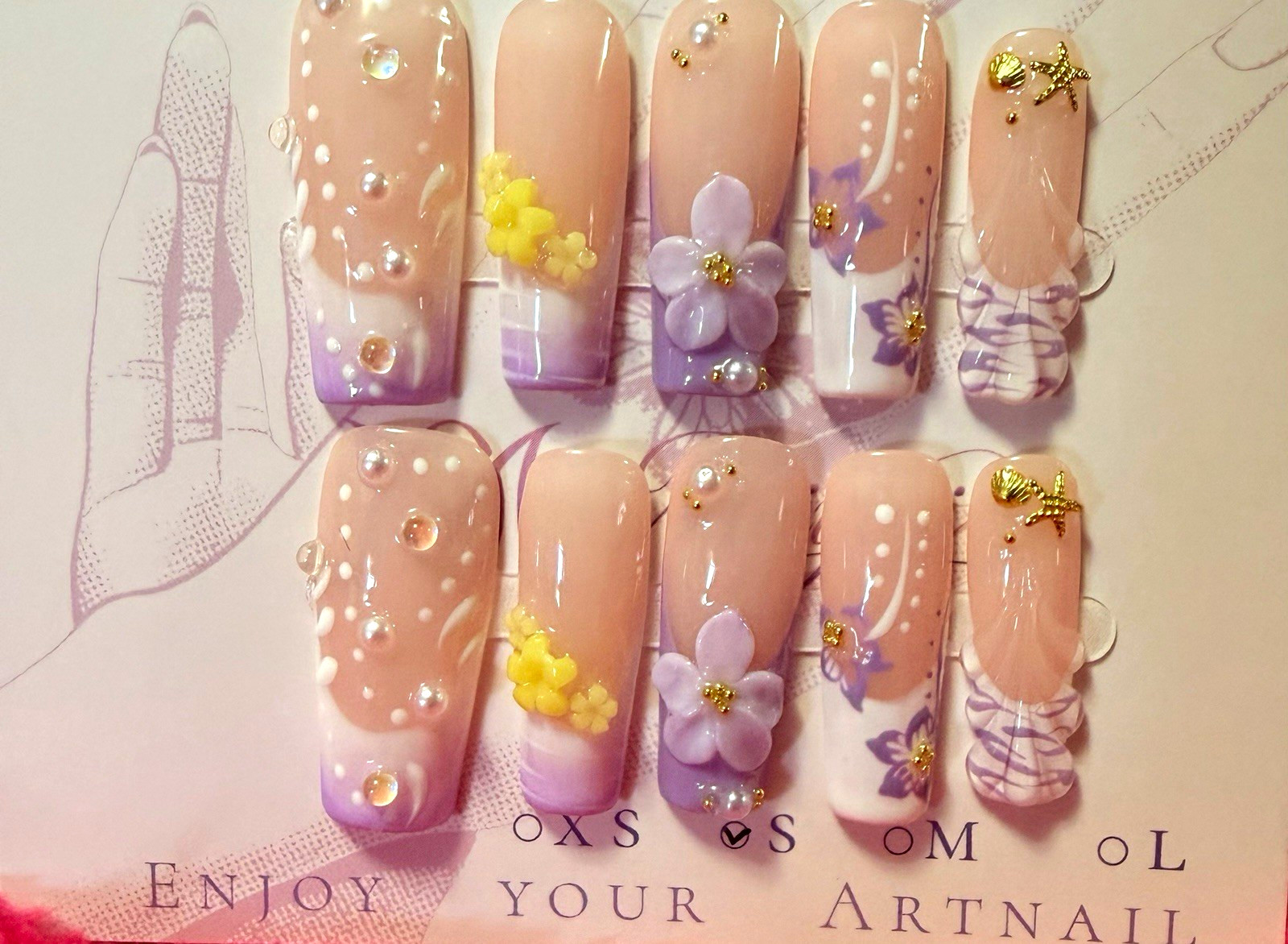 Pink/Purple/White/Yellow/Gold 3D Floral Coffin Press-On Nails, Long, Full Cover