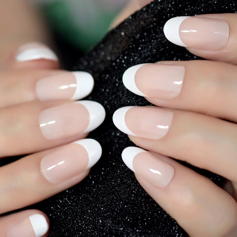 24 New Press on Nails Kit w glue oval french nude white tip medium short