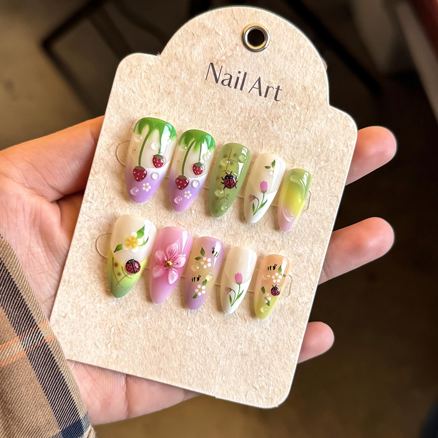 24Pcs Summer Flower Press on Nails Medium Kit Colorful – 3D Ladybug, Strawber…