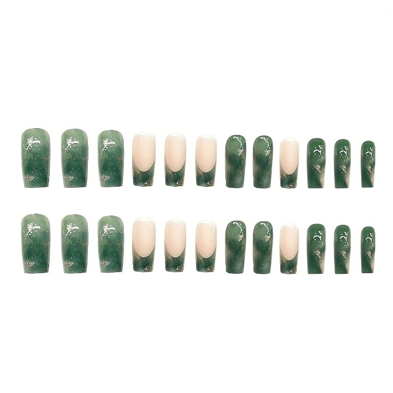 48 Cool Jade Gold Foil Fake Nails – Removable Fake Nail Art, Suitable for Women