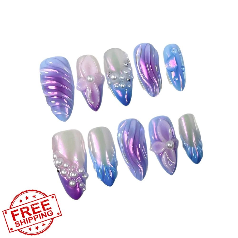 Handmade Press on Nails Almond Purple Flower Pearl Embossed Sparkly M