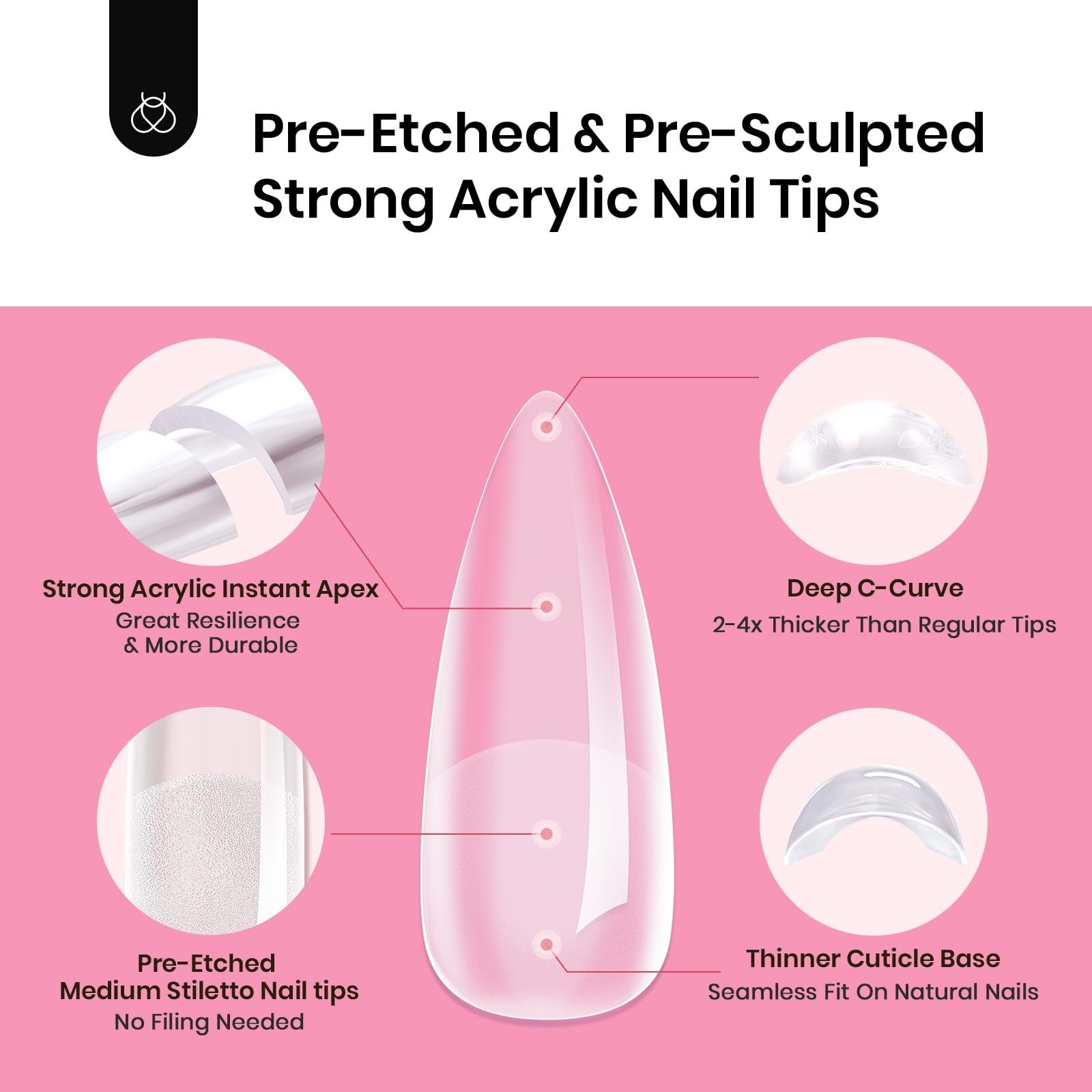 224PCS Medium Stiletto Nail Tips Kit – Reinforced Apex, 20g Nail Glue & Mini UV