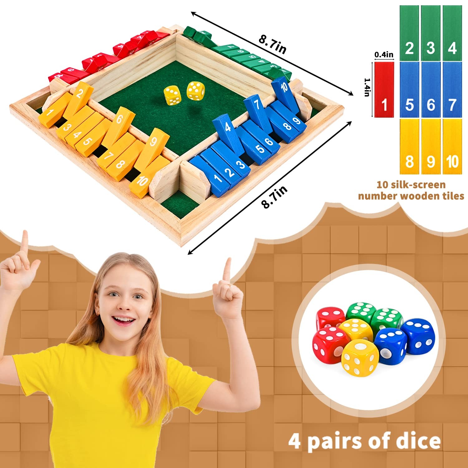 CRETVIS 1-4 Players Shut The Box Dice Game, 10 Numbers 8.7in, Multicolor