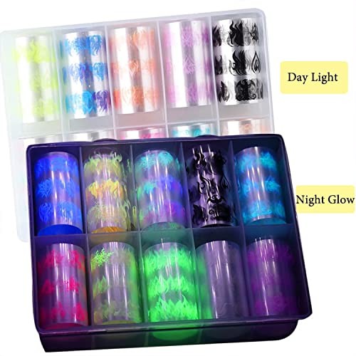 10 Rolls Kit Nail Transfer Stickers Fluorescent Flame Foil Transfer Sticker