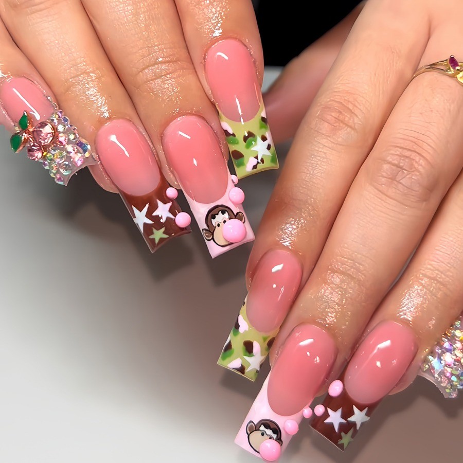 48pcs-Playful Pink Coffin Nails with Bubblegum Monkey Print, Stars and Crystals