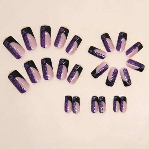 French Tip Press on Nails Purple Black Square Short Medium Glue on Nails with