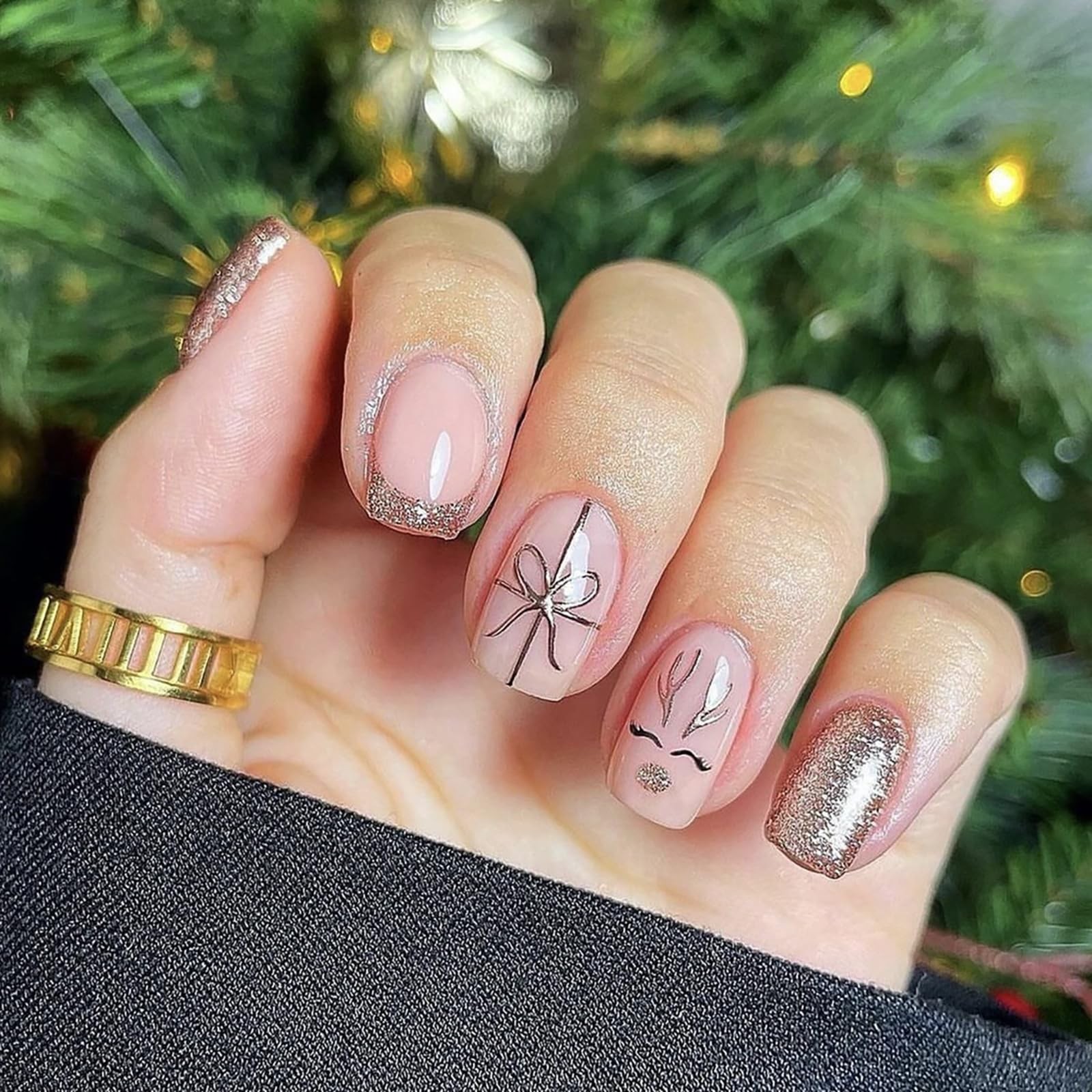 Christmas Press on Nails Short Square French Tip With Designs – Bow Reindeer …