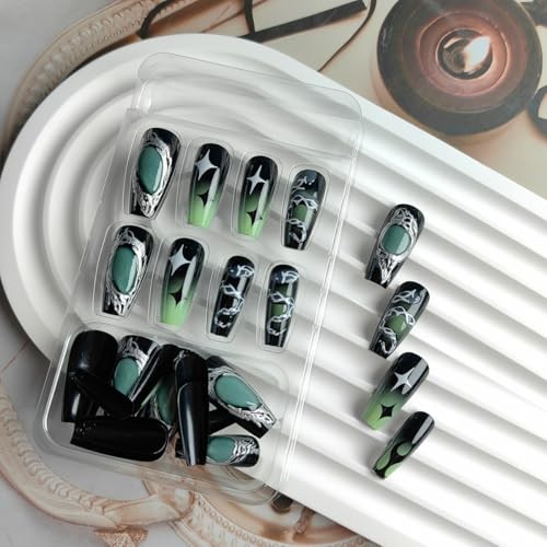 24Pcs Square Press on Nails Medium Punk Fake Nails Green Punk Nails Medium-24