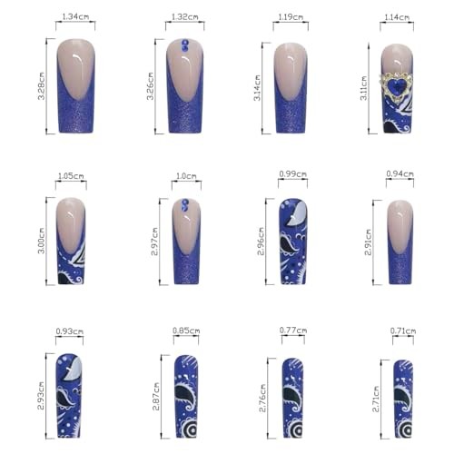 Square Fake Nails – Royal Blue – 3D Heart Glue Ons – Long Press