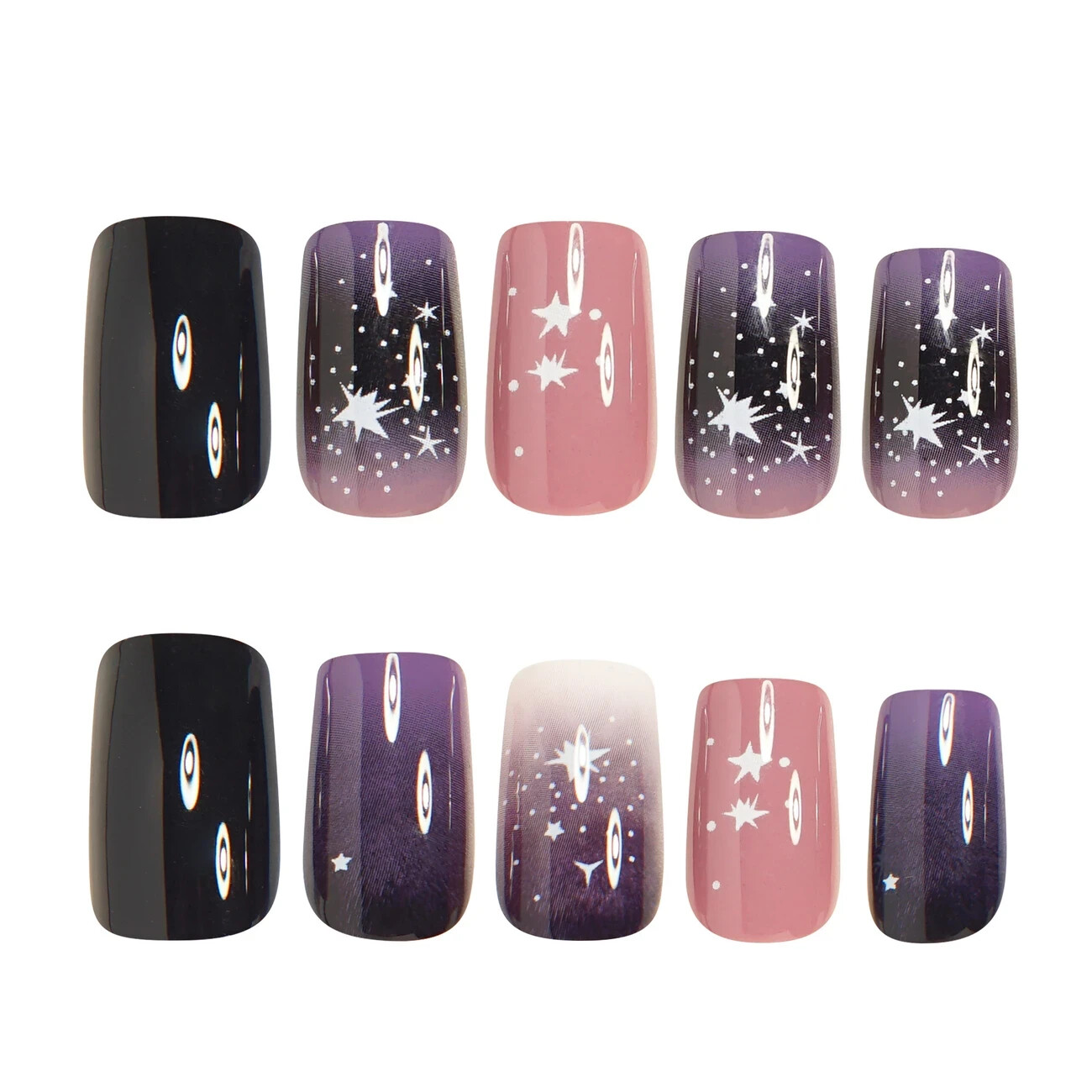 24pcs Purple Square Press-On Nails, Medium Length, Glossy, Starry Night, Galaxy