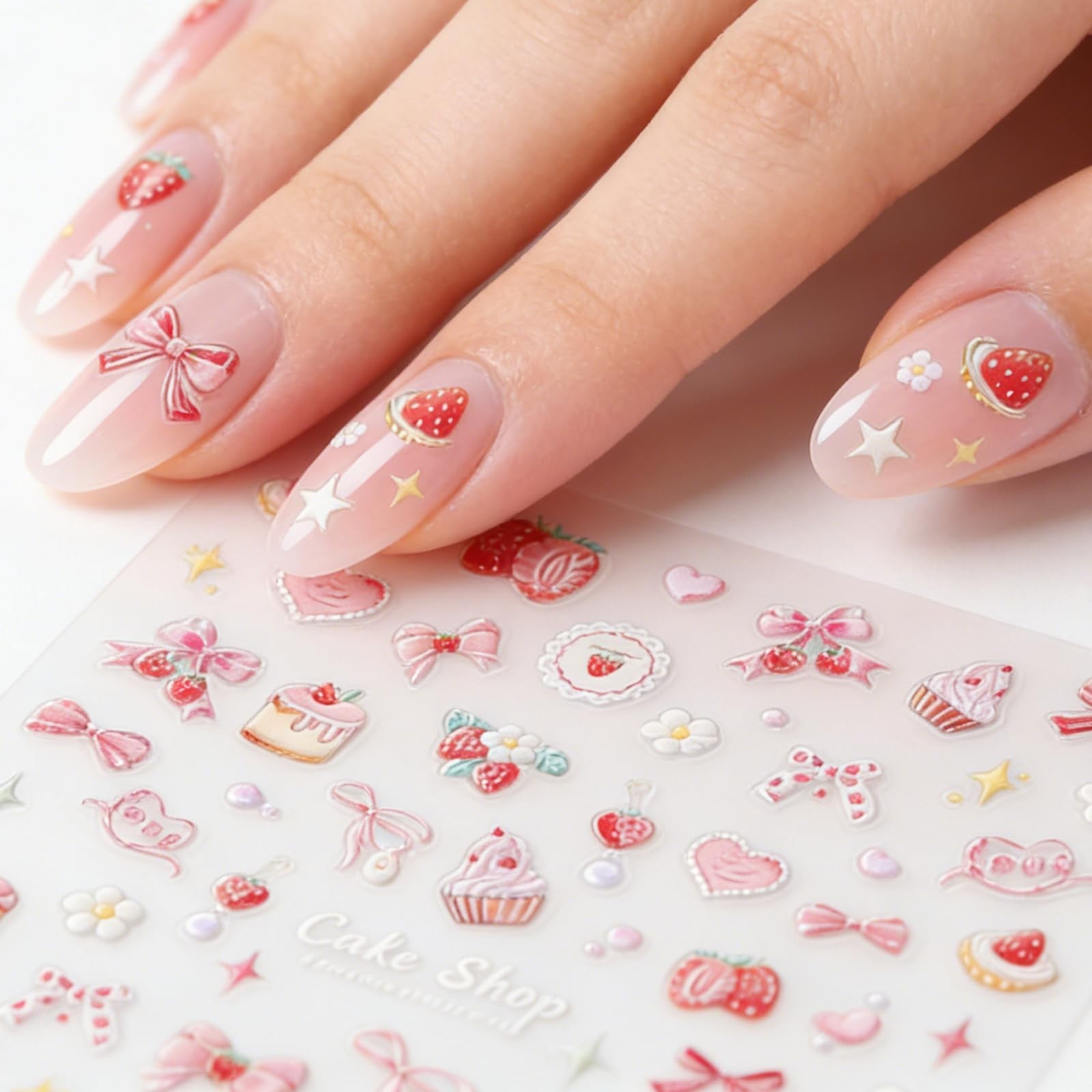 5D Embossed Pink Nail Stickers for Nail Art Cake Strawberry Bow Nail Decals A…