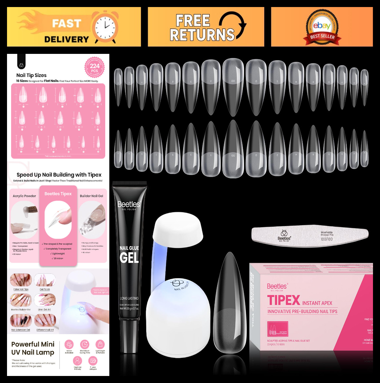 224PCS Medium Stiletto Nail Tips Kit – Reinforced Apex, 20g Nail Glue & Mini UV
