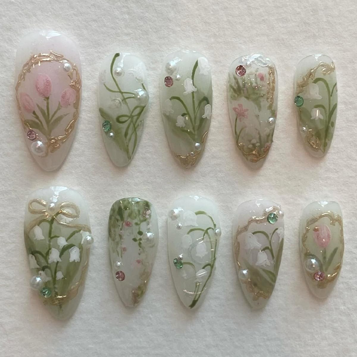 24Pcs Orchid Flower Press on Nails Almond 0.25 Fl Oz (Pack of 24), Multicolor