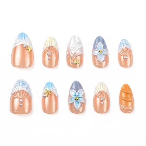 Summer Press on Nails – Short Almond Fake Nails – French Tip – Style 7