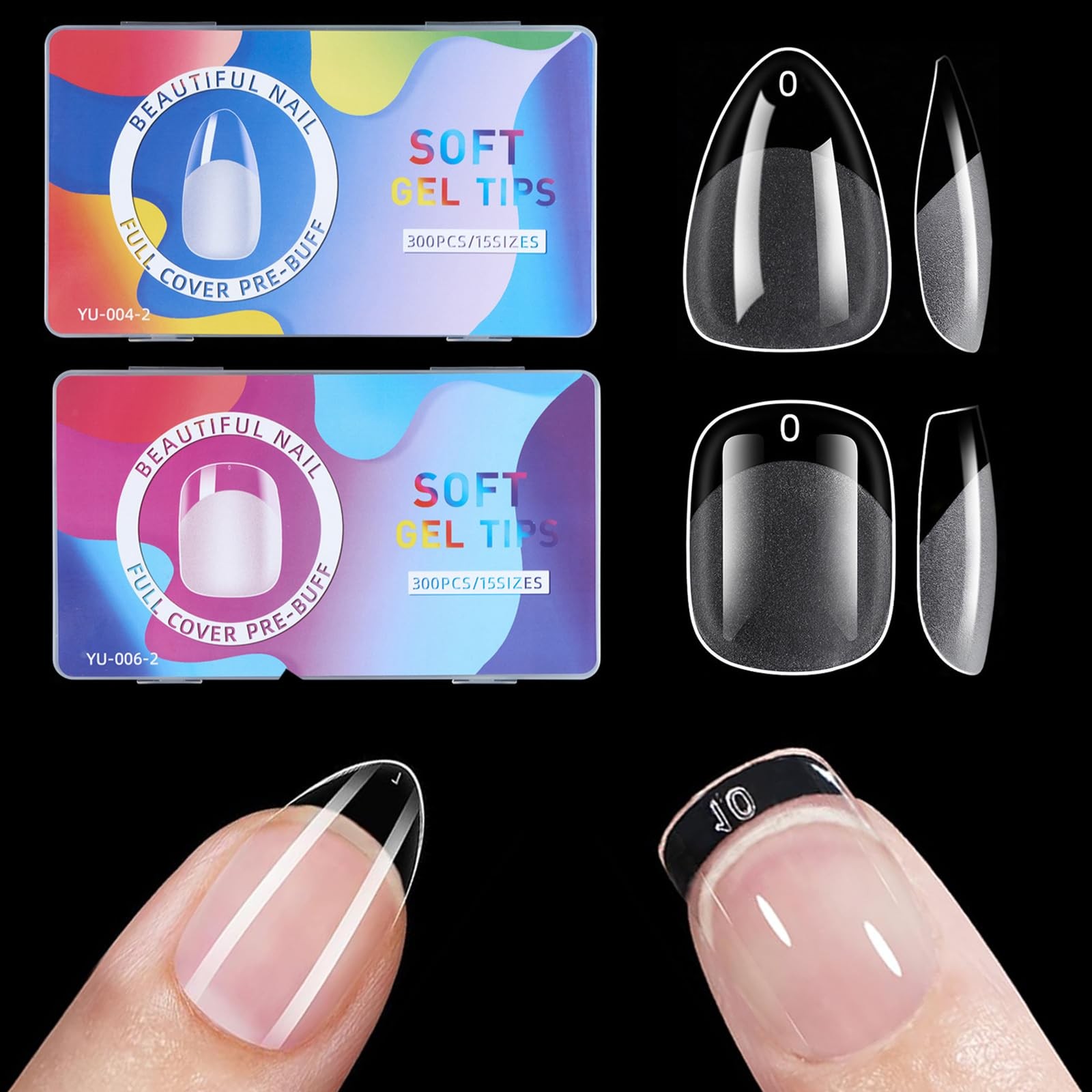 600Pcs Short Almond &Tapered Round Square Soft Gel Nail Tips Set 2 Shape XS C…