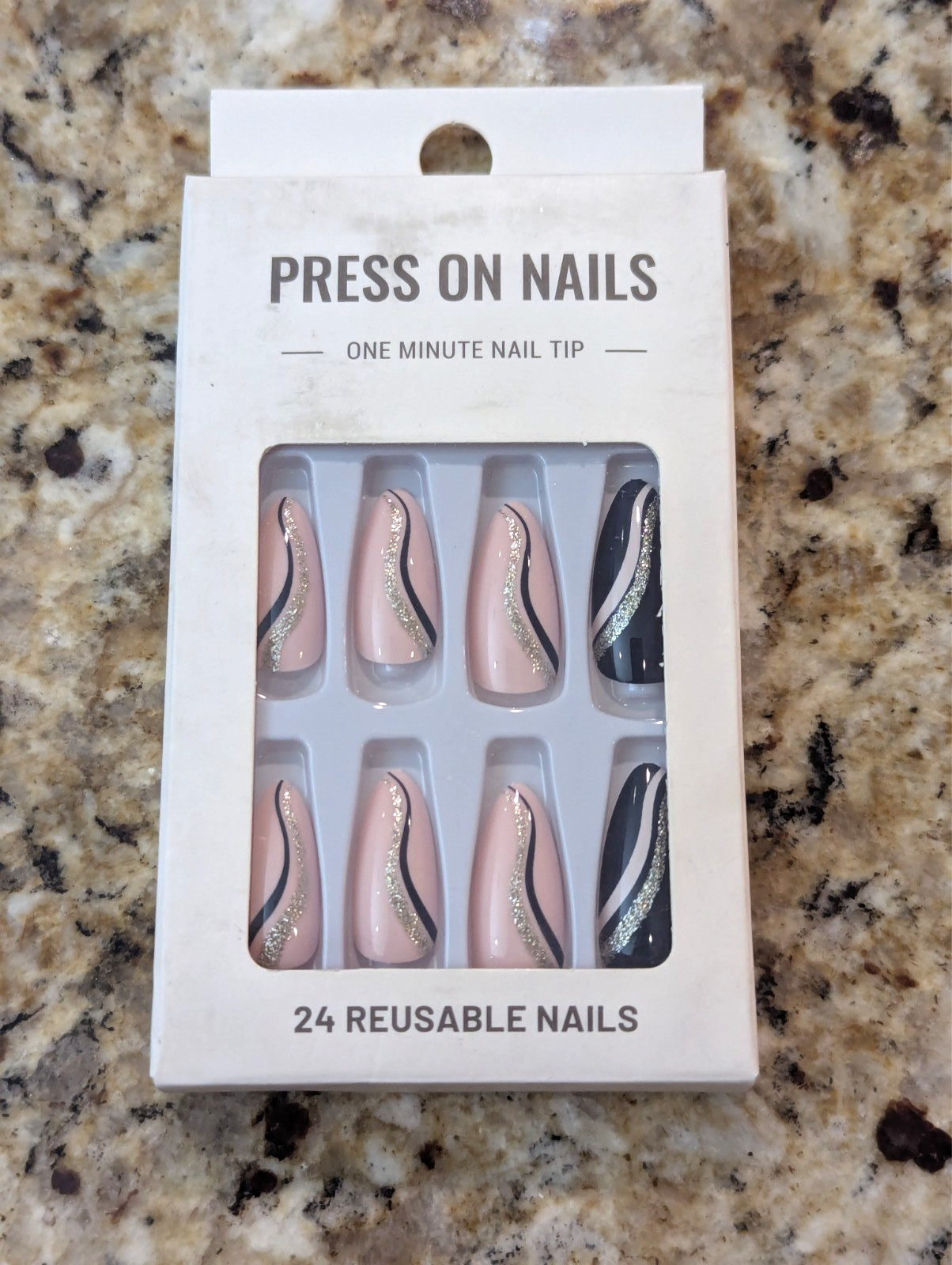 Press On Nails One Minute Nail Tip #279 Long Pink Black Silver Glitter 24ct