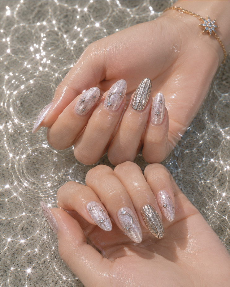 24Pcs Middle Length French Press On Nails 3D Pearl Almond