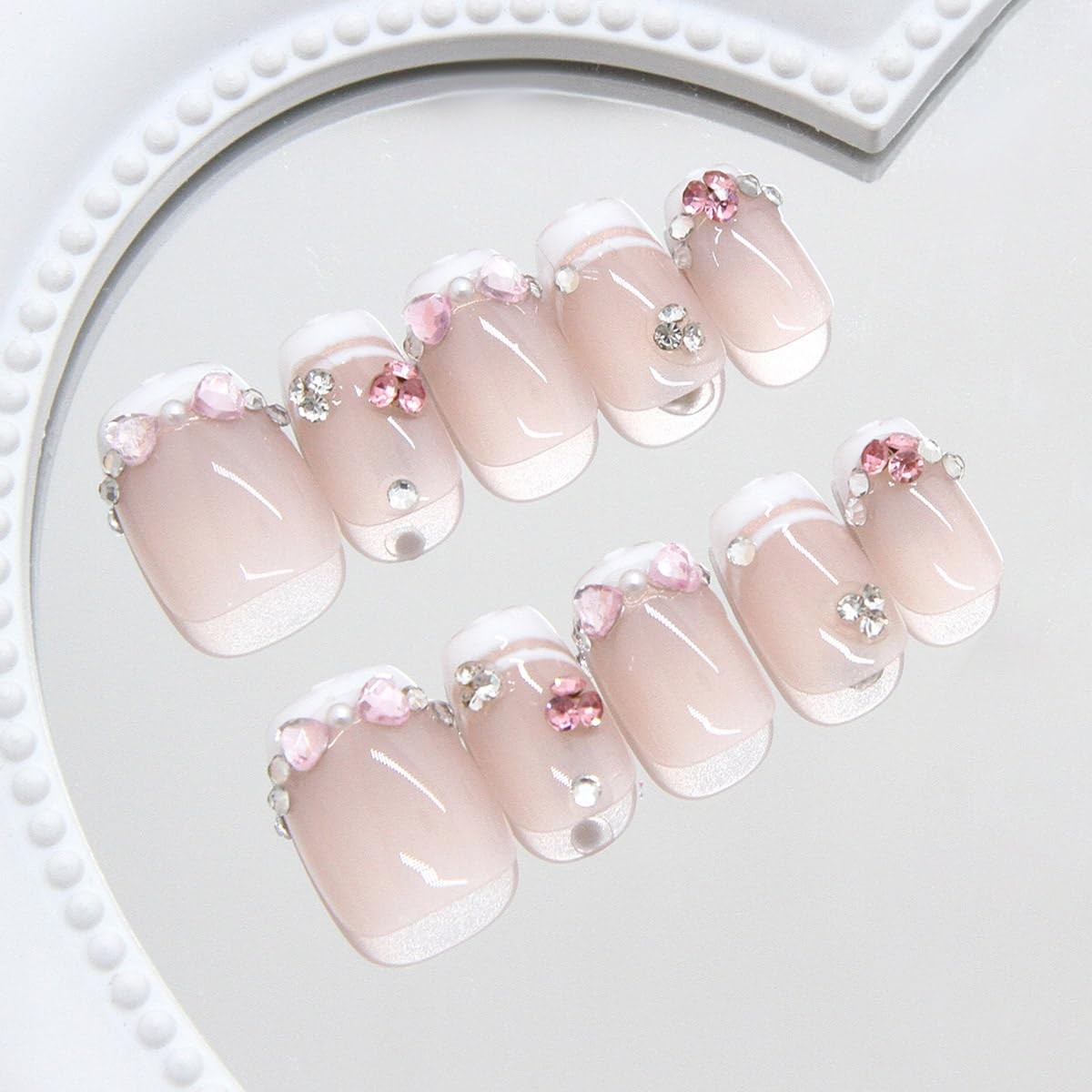 Pink Medium Square Fake Nails Glossy White French Tip Press Nails Reusable St…