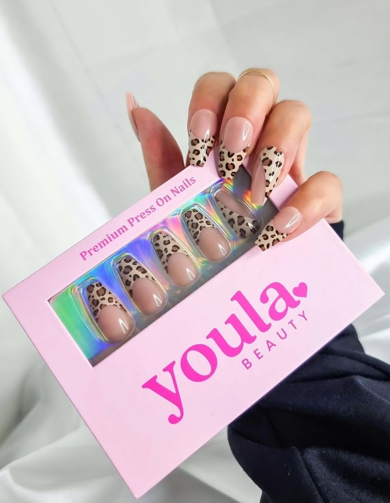 Youla Beauty Press-On Nails Leopard French Tip Long Coffin Beige/Brown/Black