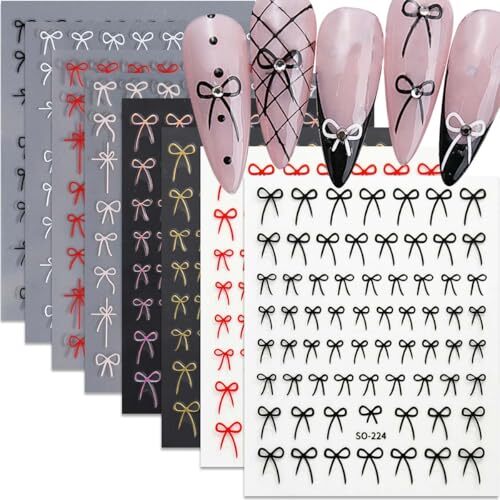 8 Sheets Bow Nail Stickers for Nail Art Black White Red Bow Nail Decals Gold